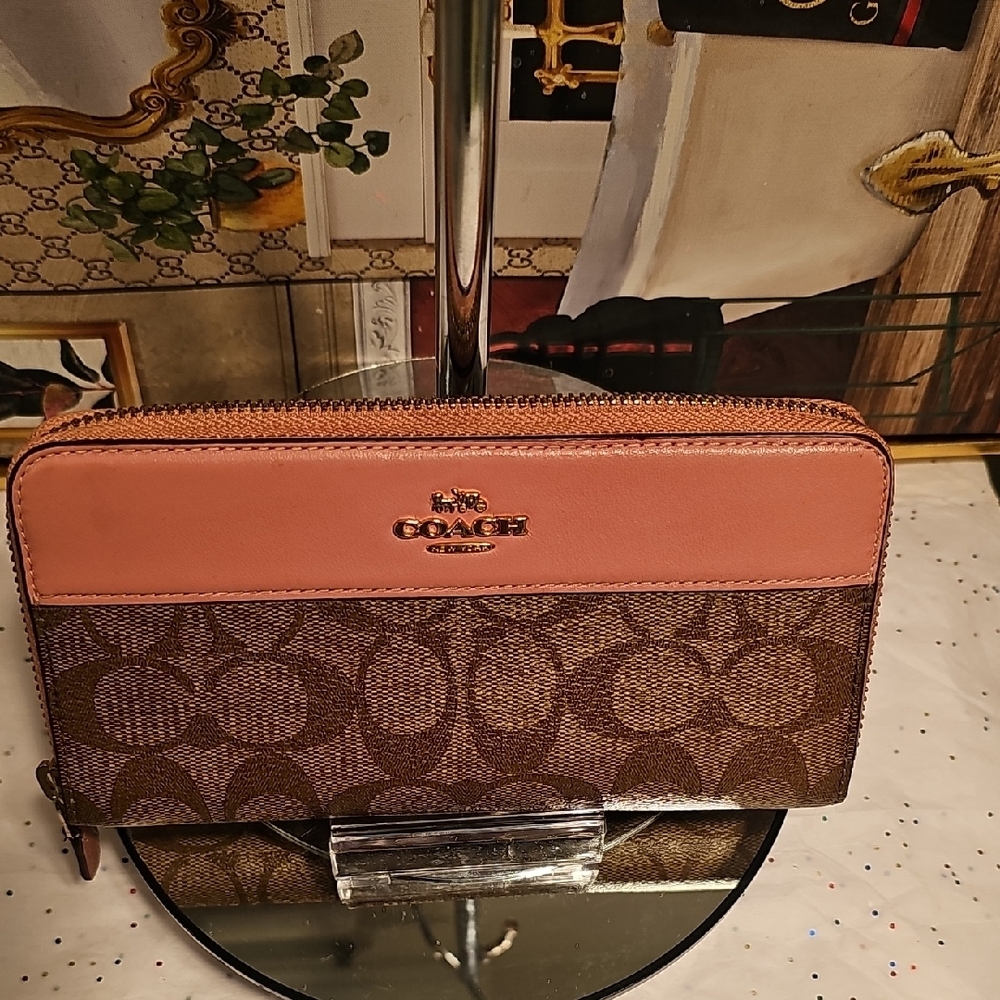 Coach Accordion Pink & Brown Signature Coated Canvas & Leather Zip-Around Wallet